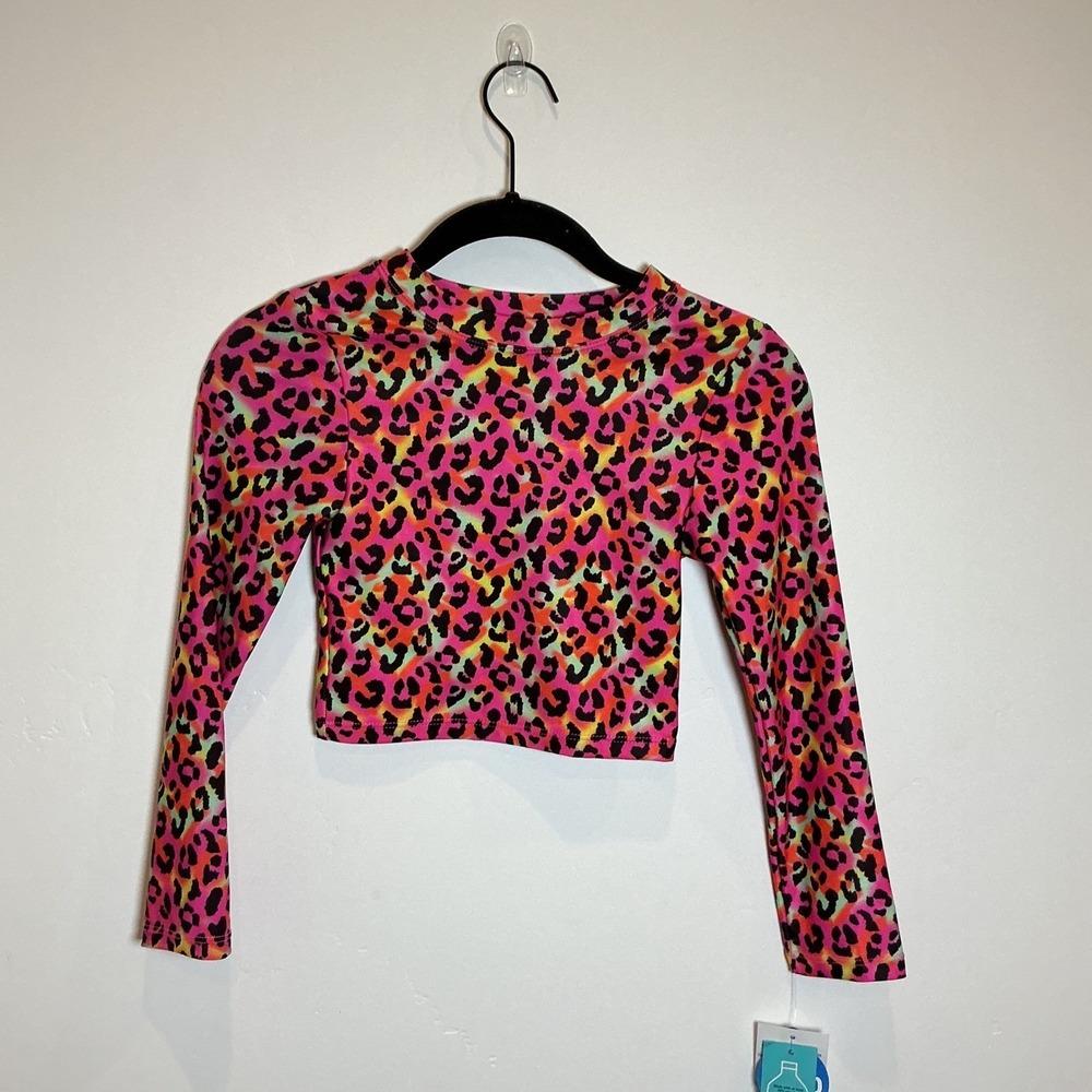 Wave Zone Girls Long Sleeve‎ Crop Top M 7/8 Neon Leopard Print